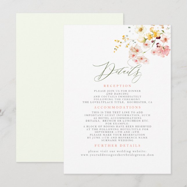 Tarjeta De Recepción Flores silvestres Información de matrimonio elegan (Anverso / Reverso)