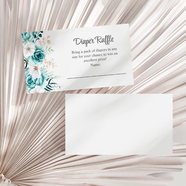 Tarjeta De Recepción Flores silvestres verde azuladas y no blancas Raff (Teal and Off-White Wildflowers Diaper Raffle Enclosure Card on a white dry palm leaf.)
