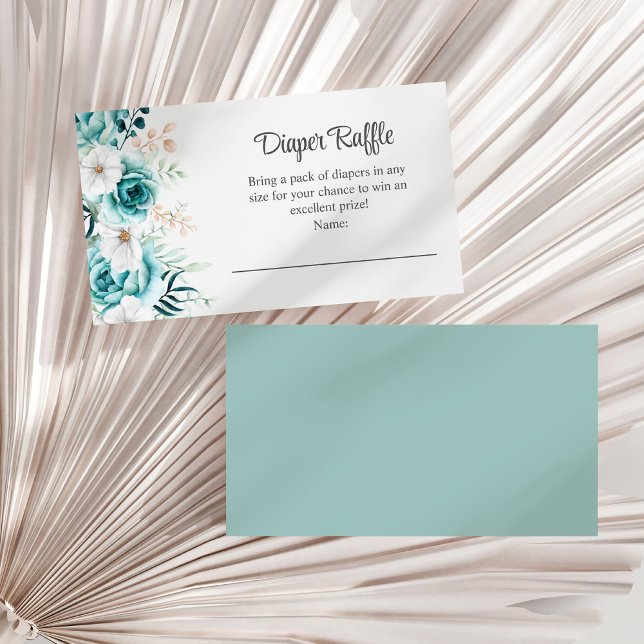 Tarjeta De Recepción Flores silvestres verde azuladas y no blancas Raff (Teal and Off-White Wildflowers Diaper Raffle Enclosure Card on a white dry palm leaf.)