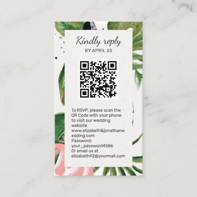 Tarjeta De Recepción Flores tropicales Código QR Envase RSVP en línea (Anverso)