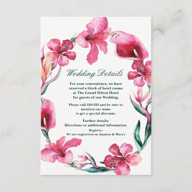 Tarjeta De Recepción Flores tropicales hawaianas elegantes detalles de  (Anverso)