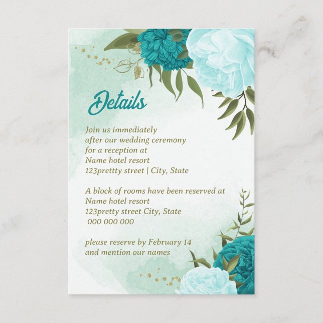 Tarjeta De Recepción flores turquesas hojas verdes (Anverso)