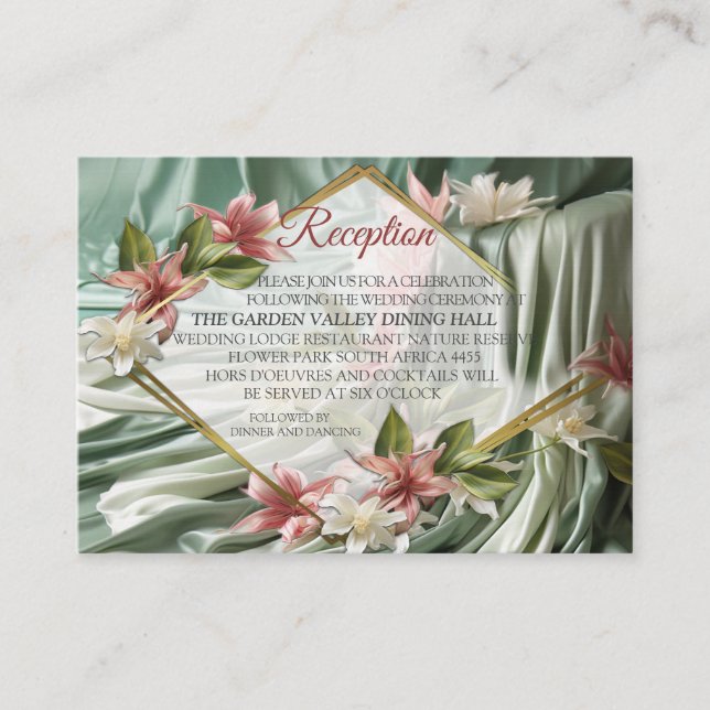 Tarjeta De Recepción Flores verdes, crema, sedas y rosadas (Anverso)