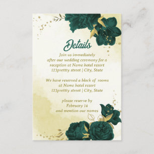 Tarjeta De Recepción Flores verdes de esmeralda hojas de oro