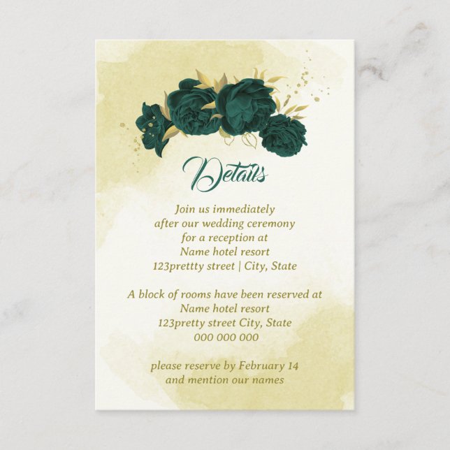 Tarjeta De Recepción Flores verdes de esmeralda hojas de oro (Anverso)