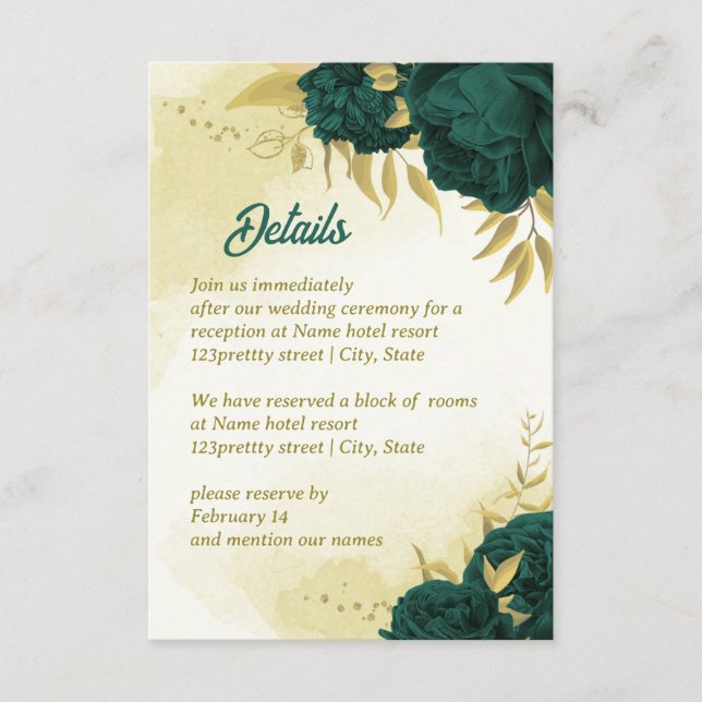 Tarjeta De Recepción Flores verdes de esmeralda hojas de oro (Anverso)