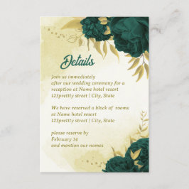 Tarjeta De Recepción Flores verdes de esmeralda hojas de oro