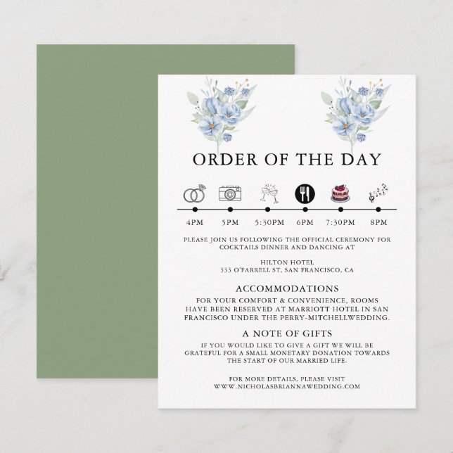 Tarjeta De Recepción flores y hojas acuarela azul polvoriento rústico (Anverso / Reverso)