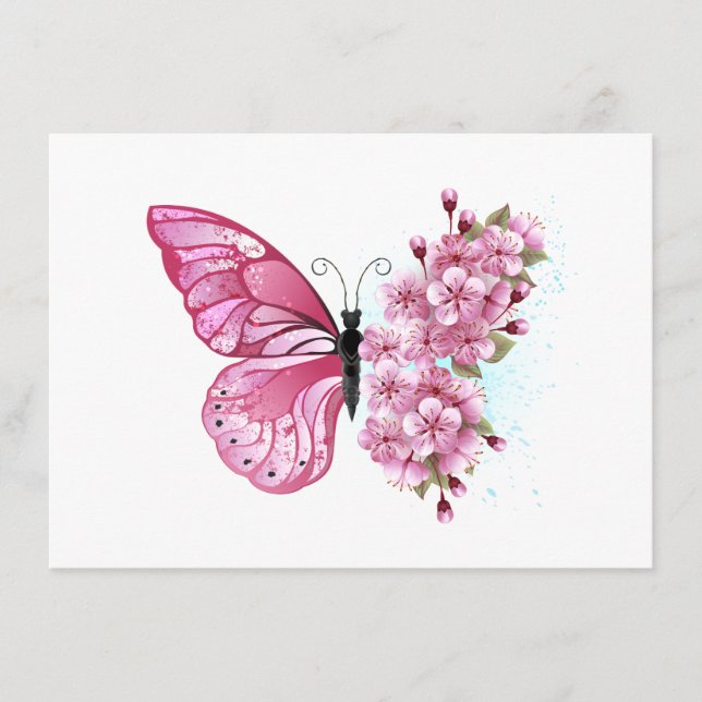 Tarjeta De Recepción Flower Butterfly with Pink Sakura (Anverso)