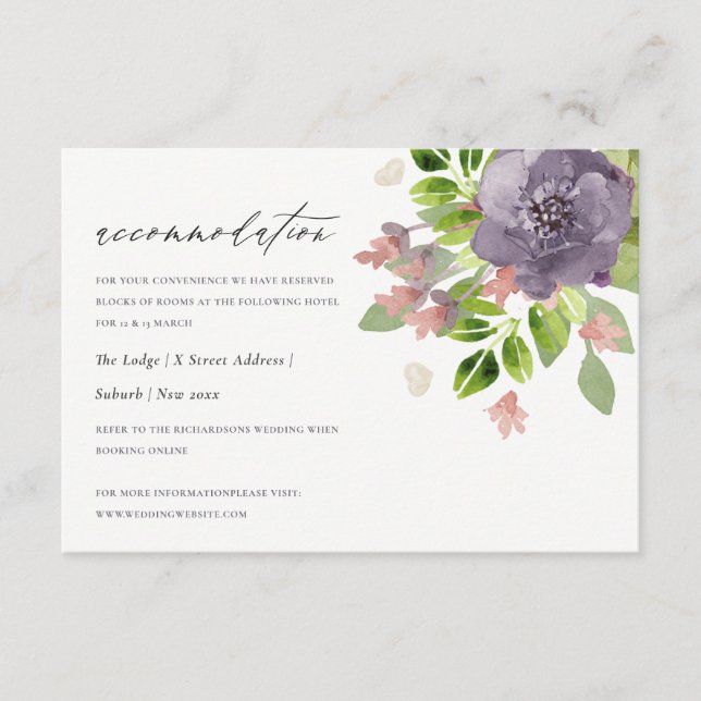TARJETA DE RECEPCIÓN FLUJOS RÚSTICOS DE VIOLETOS Y ALOJAMIENTO FOLIARIO (Anverso)