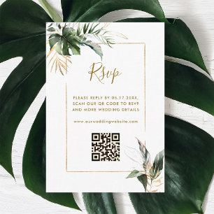 Tarjeta De Recepción Foliage Tropical Gold Wedding RSVP con código QR