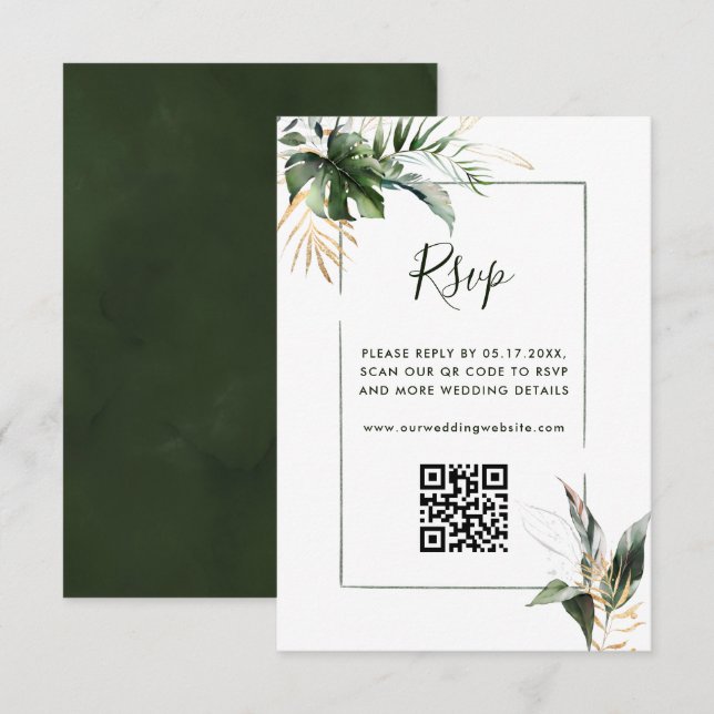Tarjeta De Recepción Foliage Tropical Green Wedding RSVP con código QR (Anverso / Reverso)