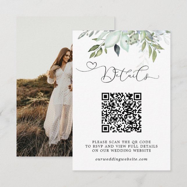 Tarjeta De Recepción Follaje de Vegetación Simple Código QR y Boda de F (Anverso / Reverso)