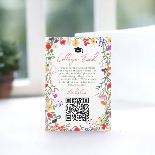 Tarjeta De Recepción Fondo de la universidad moderna para la graduación (Modern boho wild flowers graduation college fund enclosure card white)