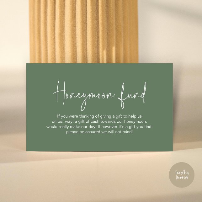 Tarjeta De Recepción Fondo de luna de miel boda, escritura manuscrita m (Wedding Honeymoon Fund, Modern Romance Handwritten Script Enclosure Card, in Forest Sage Green)