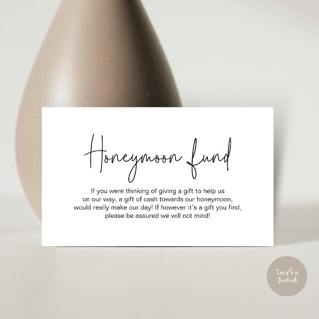 Tarjeta De Recepción Fondo de luna de miel boda, escritura manuscrita m (Wedding Honeymoon Fund, Modern Romance Handwritten Script Enclosure Card, in Black and White)