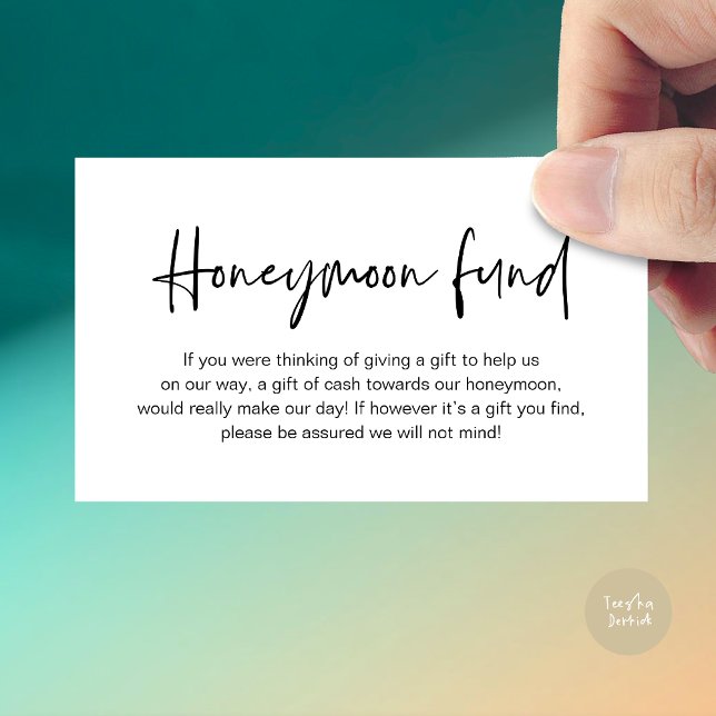 Tarjeta De Recepción Fondo de luna de miel boda, regalos de matrimonio  (Wedding Honeymoon Fund, Cash Wish Modern Handwritten Script Enclosure Card White Black)