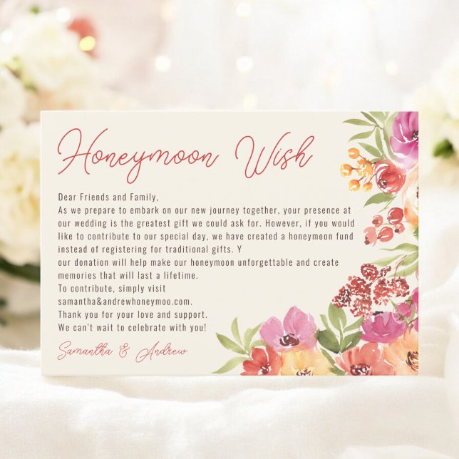 Tarjeta De Recepción Fondo de luna de miel floral Boho Ducha de novia (Boho Floral Honeymoon Fund Bridal Shower Enclosure Card)