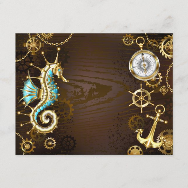 Tarjeta De Recepción Fondo de madera con caballito de mar mecánico (Anverso)