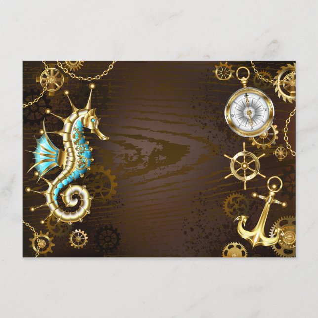 Tarjeta De Recepción Fondo de madera con caballito de mar mecánico (Anverso)