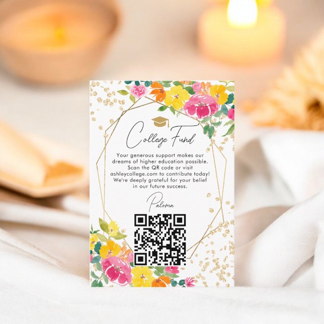 Tarjeta De Recepción Fondo del Boho Floral Gold Graduation QR College (Boho Floral Gold Graduation QR College fund Enclosure Card)