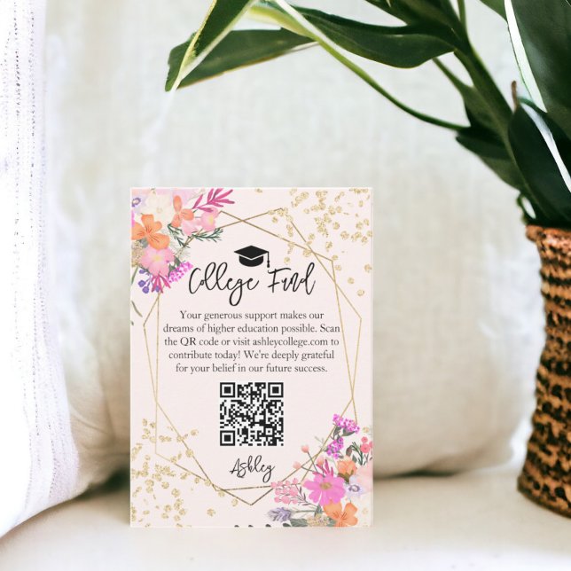 Tarjeta De Recepción Fondo del colegio de fotografía de acuarela floral (Gold glitter floral watercolor photo college fund enclosure card)