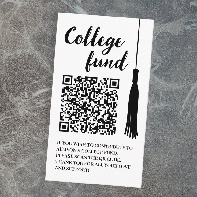 Tarjeta De Recepción Fondo Universitario Negro Tassel Blanco Código Qr  (College Fund Black White Tassel Qr Code Graduation Enclosure Card)