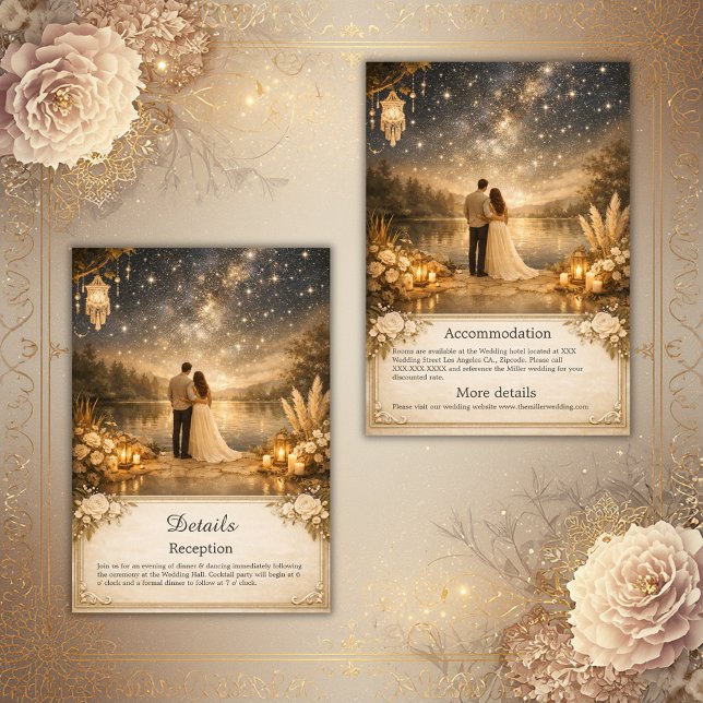 Tarjeta De Recepción forest Blue Gold Starry Night Lake wedding (Subido por el creador)