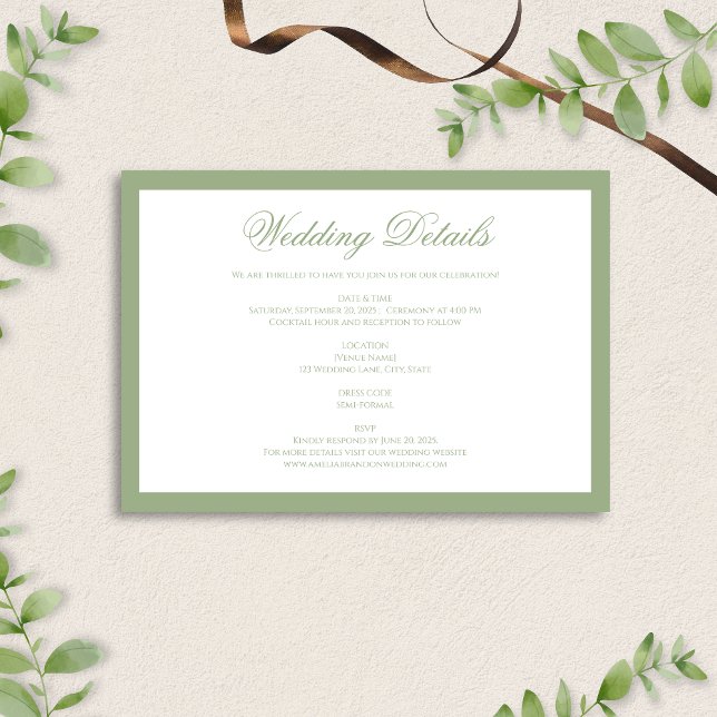 Tarjeta De Recepción Formal Classic Sage Green Border Wedding Details (Subido por el creador)
