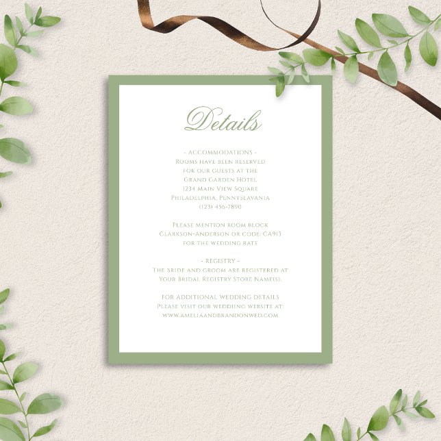 Tarjeta De Recepción Formal Classic Sage Green Script Wedding Details (Subido por el creador)