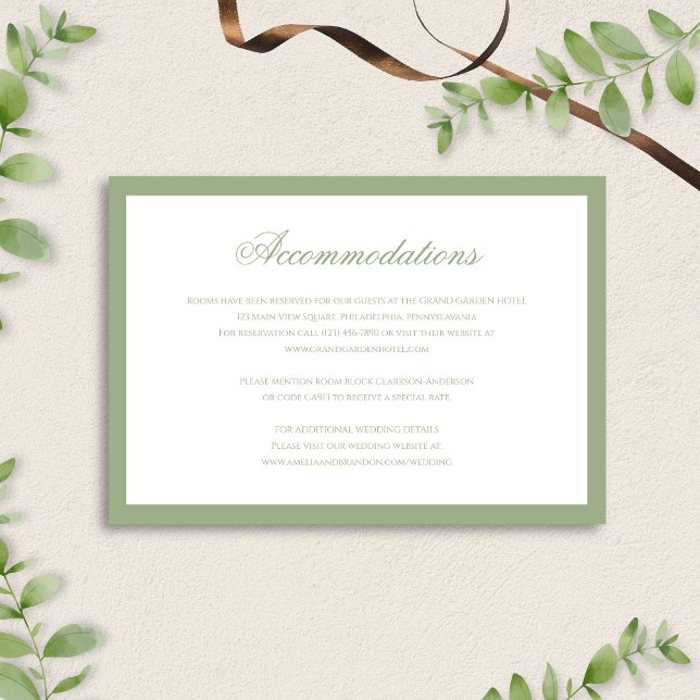 Tarjeta De Recepción Formal Classic Sage Green Wedding Accommodation (Subido por el creador)