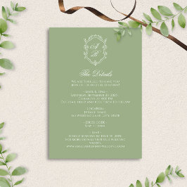 Tarjeta De Recepción Formal Sage Green Floral Monogram Crest Wedding