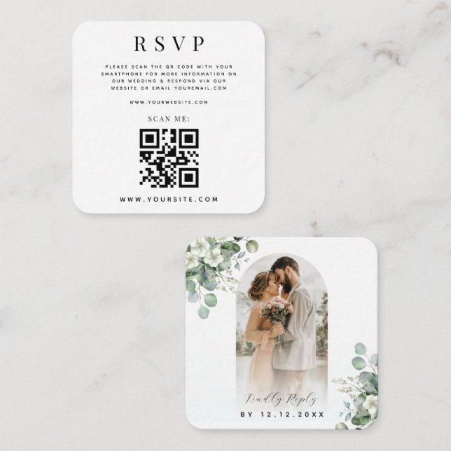 Tarjeta De Recepción Foto Arch Eucalyptus Código QR Boda en línea RSVP (Anverso / Reverso)