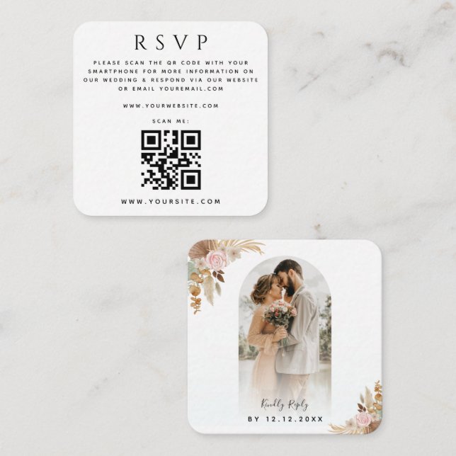 Tarjeta De Recepción Foto Arch Pampas Boho Código QR Boda RSVP (Anverso / Reverso)
