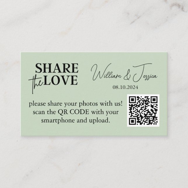 Tarjeta De Recepción Foto boda Compartiendo Sage Green Con Código QR (Anverso)