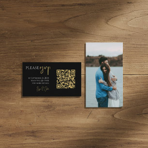 Tarjeta De Recepción Foto completa, código QR dorado boda negra RSVP