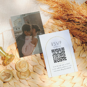 Tarjeta De Recepción Foto de Arco de Oro minimalista QR Boda de código 