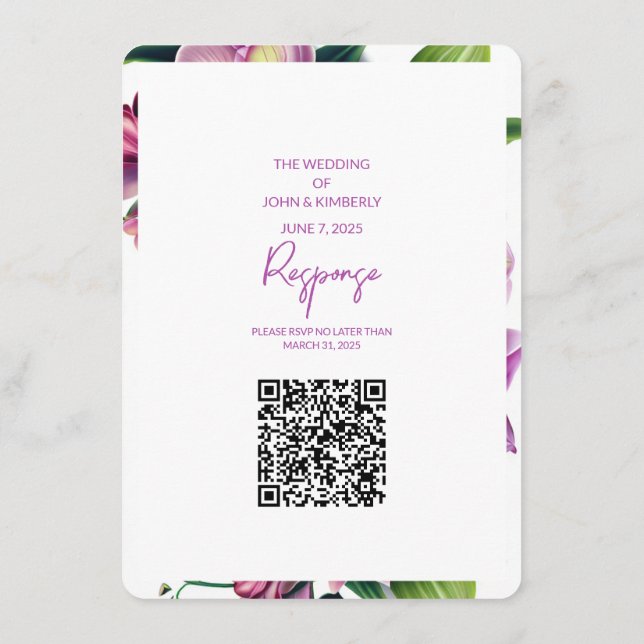 Tarjeta De Recepción Foto de Boda floral y código QR (Reverso)
