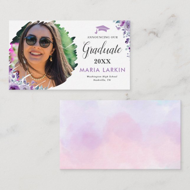 Tarjeta De Recepción Foto De Graduación Floral Lilac (Anverso / Reverso)