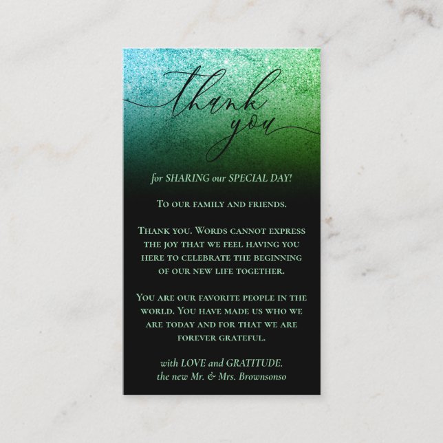 Tarjeta De Recepción Foto de Personalizado negro Glitz Green Gracias (Anverso)