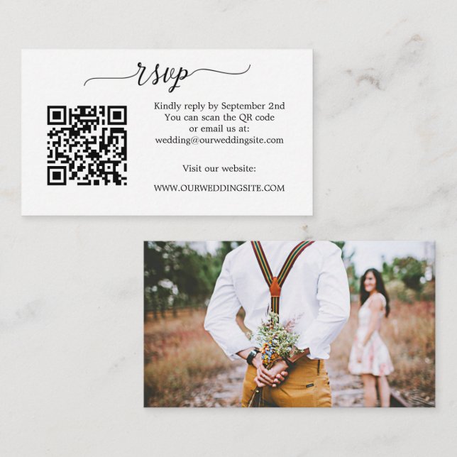 Tarjeta De Recepción Foto de script simple Código QR Boda RSVP Gabinete (Anverso / Reverso)