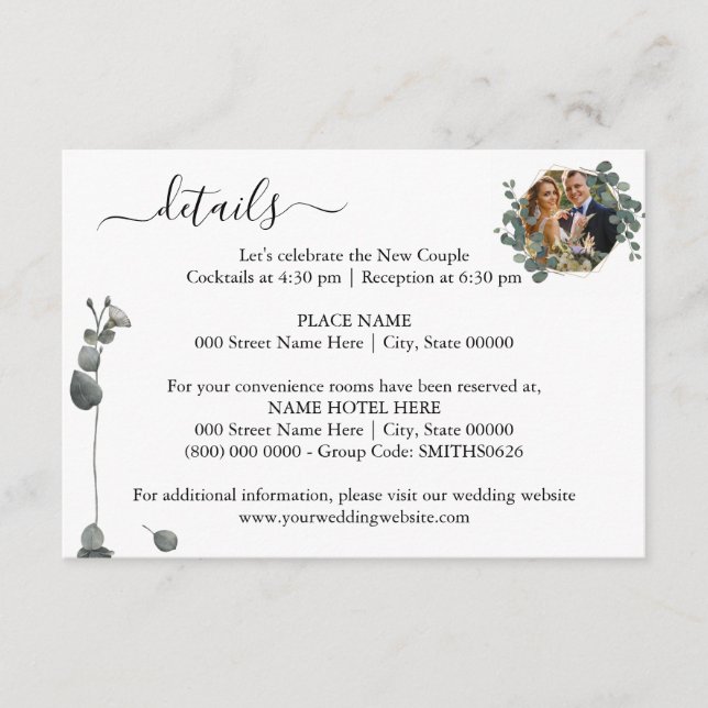 Tarjeta De Recepción Foto editable Eucalyptus Boda Detalles de Enclosur (Anverso)
