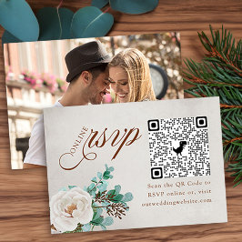 Tarjeta De Recepción Foto en línea RSVP QR Code White Rose Eucalyptus
