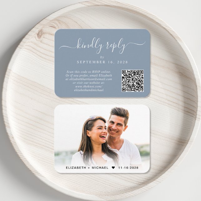 Tarjeta De Recepción Foto manuscrita Código QR Boda azul turbia RSVP (Our user-friendly template will generate your QR code automatically from your website address)