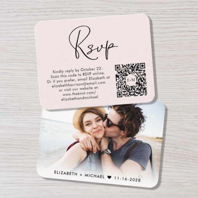 Tarjeta De Recepción Foto moderna Boda de código QR RSVP rosa (Subido por el creador)