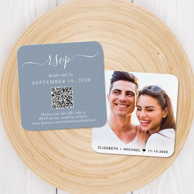 Tarjeta De Recepción Foto moderna Código QR Boda azul turbia RSVP (Our user-friendly template will generate your QR code automatically from your website address)