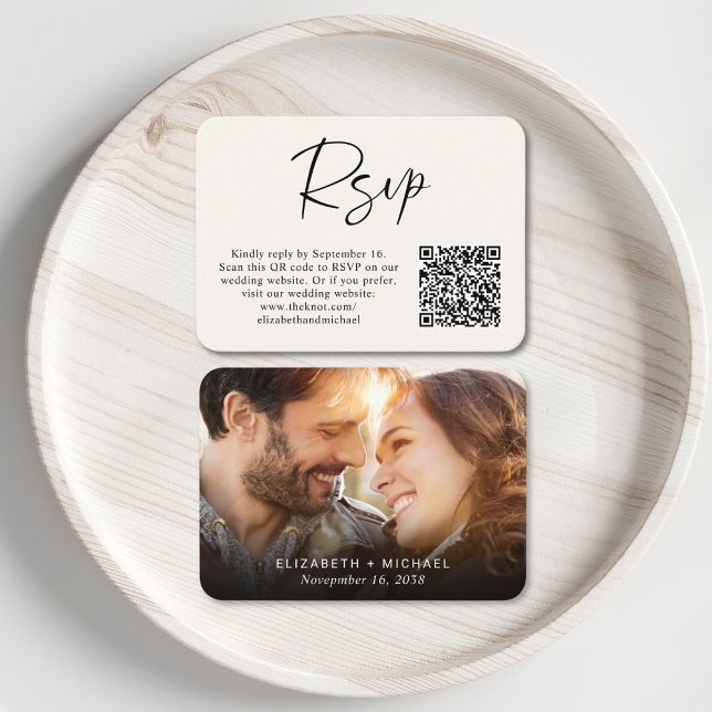 Tarjeta De Recepción Foto moderna Código QR Boda crema RSVP (Subido por el creador)