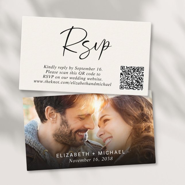 Tarjeta De Recepción Foto moderna Código QR Boda crema RSVP (Subido por el creador)