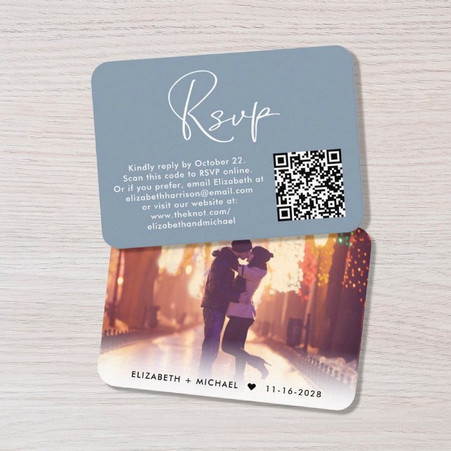 Tarjeta De Recepción Foto moderna Código QR Boda RSVP Dusty Azul (Subido por el creador)