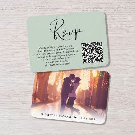 Tarjeta De Recepción Foto moderna Código QR Boda verde sabia RSVP